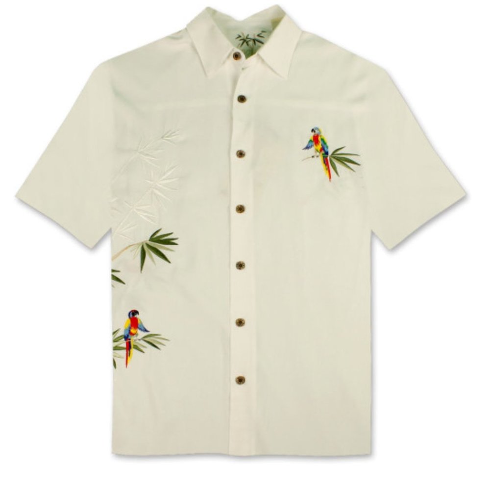 Flying Parrots Embroidered Polynosic Camp Shirt by Bamboo Cay
